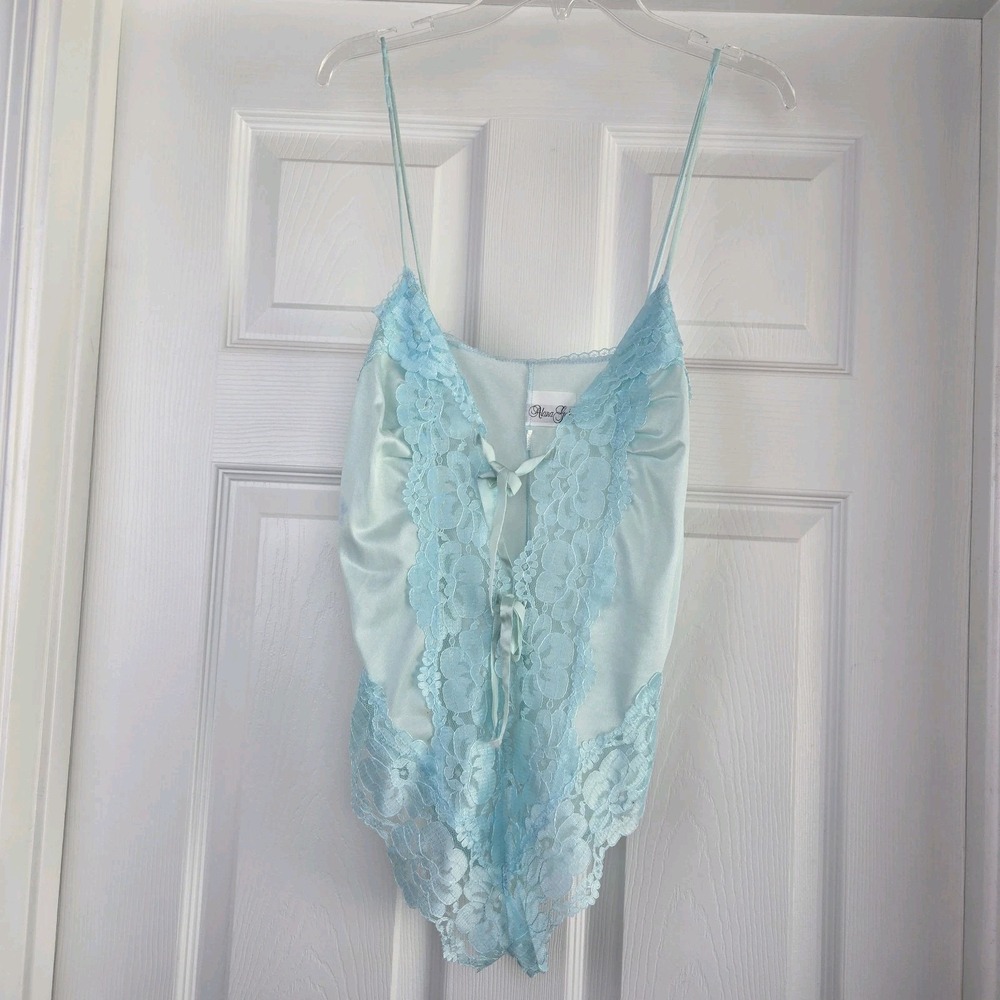 Alana‎ Gale Vtg Blue Teddy Bodysuit Lace Trim Bow Tie Front Lingerie Made In USA